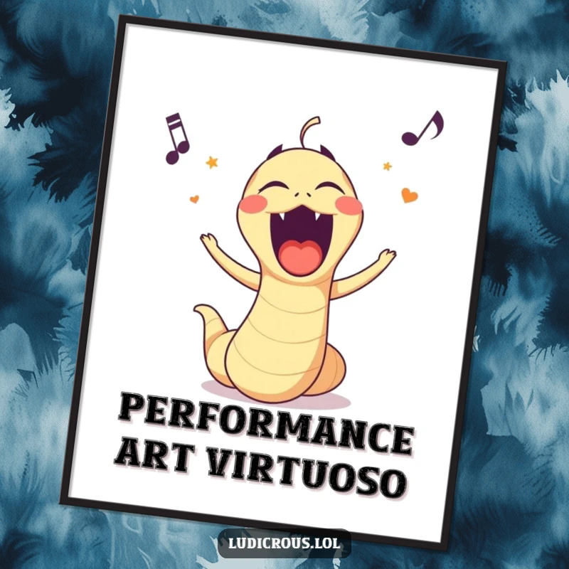 Funny digital art print of a worm singing opera with an extremely exaggerated, comical mouth, ready to be framed.