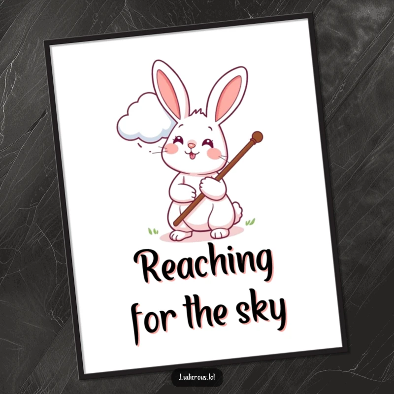Funny digital art print of a cheerful rabbit using a long pole to pet a cloud, perfect for whimsical and humorous wall decor.