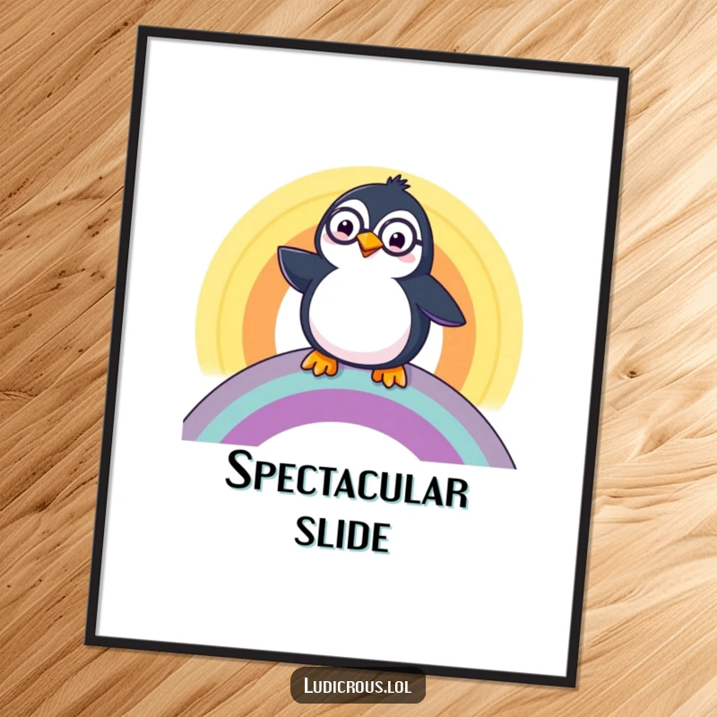 Funny Penguin Digital Art Print, a happy penguin wearing a monocle, sliding down a rainbow, depicting sophisticated whimsy.