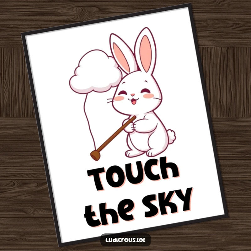 Funny rabbit digital art print features a cheerful bunny using an exaggeratedly long pole to reach for a soft cloud.