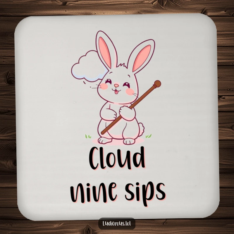 Funny drink coasters featuring a cheerful rabbit with a long pole attempting to pet a cloud, adding humor to table settings.