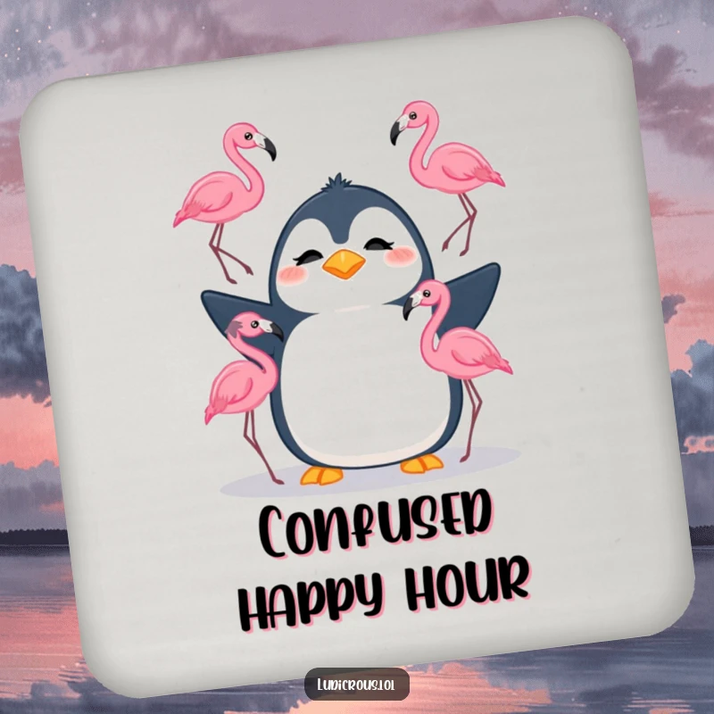 Funny drink coasters featuring a silly penguin attempting to juggle three flamingos with a confused look, adding humor to table settings.