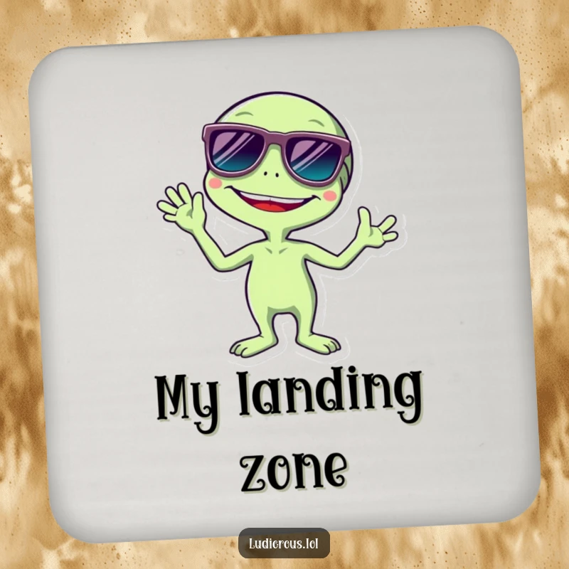 Funny coaster design of a giggling alien wearing large sunglasses and waving, adding a humorous and protective layer to your surfaces.