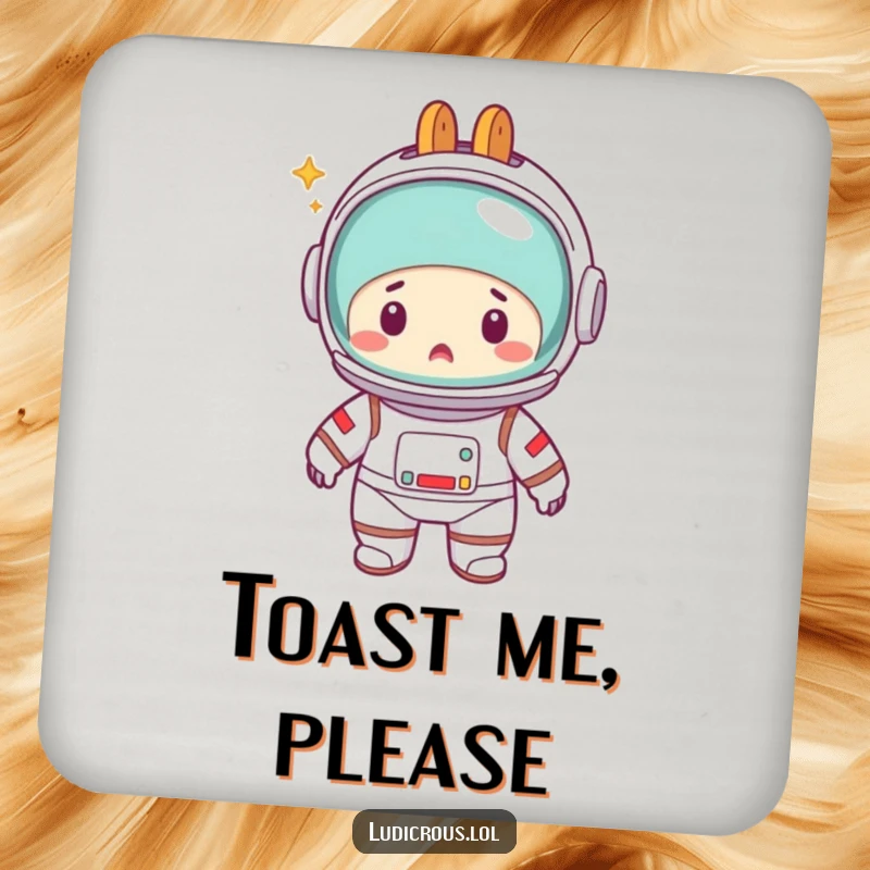 Funny coaster design of a surprised astronaut with a toaster on its head, adding humor and surface protection to your space.