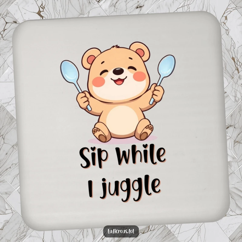 Funny drink coaster featuring a smiling bear cub juggling bent spoons. Protects surfaces with an adorable and humorous design.