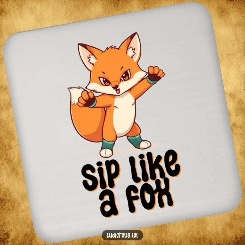 Funny drink coaster featuring a determined fox in a dramatic pose with mismatched socks. Protects surfaces with a stylish and humorous design.