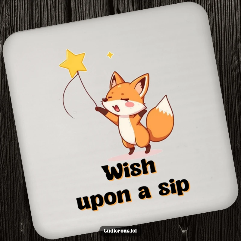 A gleeful fox enthusiastically lassoes a shooting star on a drink coaster, a magical and humorous addition to any table.