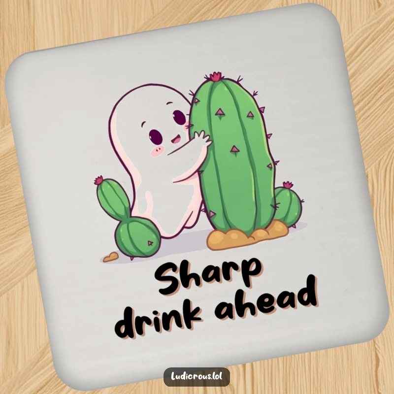 Funny ghost attempting to hug a spiky cactus, a humorous design for drink coasters that adds character to any surface.