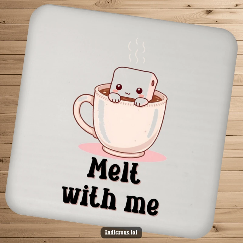 Funny drink coasters depicting a shy marshmallow hiding inside a steaming mug of hot chocolate, protecting surfaces with sweetness.