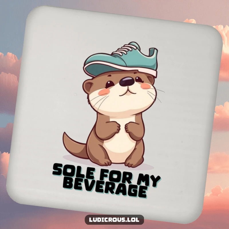 Funny Otter Coaster, a curious otter humorously wearing a shoe on its head, protecting surfaces with quirky style.