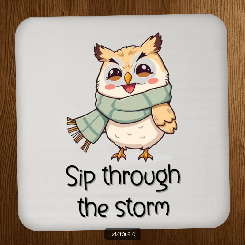 Funny drink coasters featuring a grinning owl with a giant scarf being blown by the wind, adding humor to table settings.