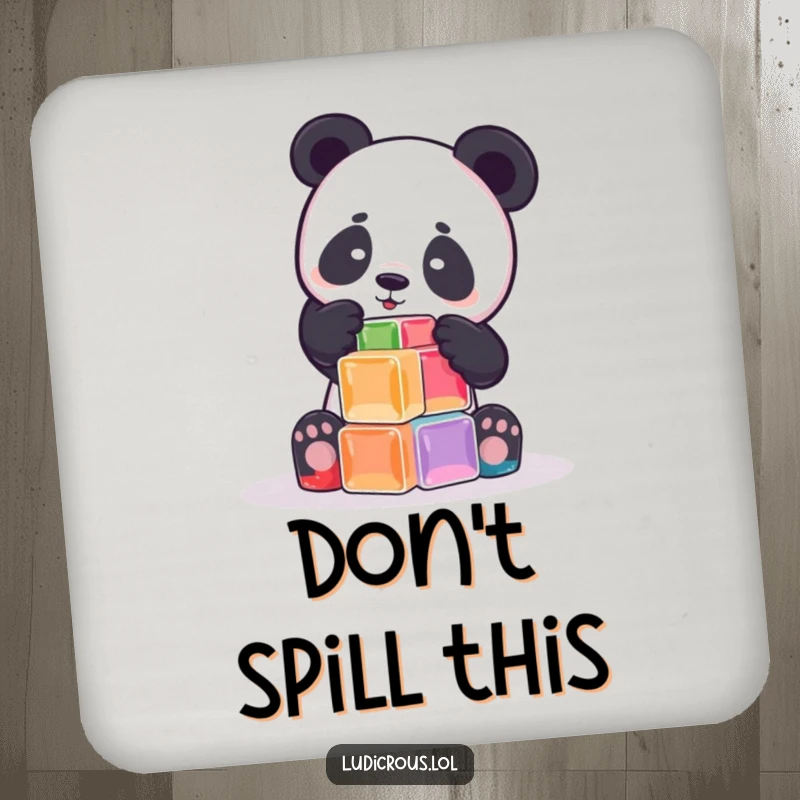 Funny playful panda attempts to build a tower out of wobbly Jell-O cubes on a drink coaster, adding sweet and humorous protection to surfaces.