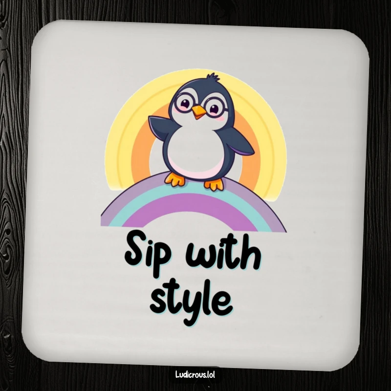 Funny Penguin Coaster, a happy penguin wearing a monocle, sliding down a rainbow, protecting surfaces with whimsical class.