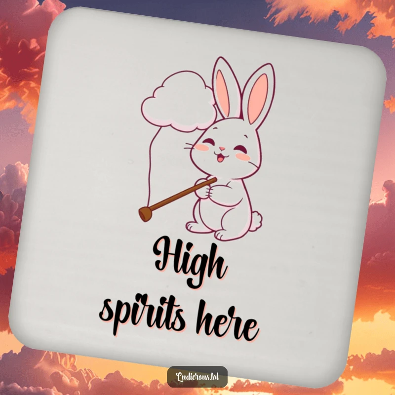 Funny rabbit coaster depicts a cheerful bunny using a long pole to pet a cloud, adding whimsical humor.
