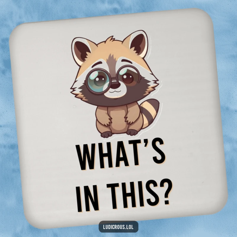 Funny raccoon coaster featuring a curious bandit in a comically oversized monocle, looking perplexed, adding stylish intellectual humor to tabletops.