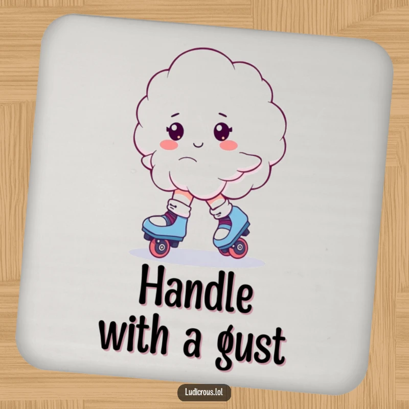 Funny drink coaster showing a fluffy cloud roller skating, captured in a comical, wobbling pose.