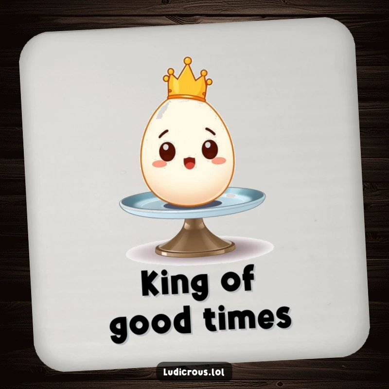 Funny drink coasters featuring a surprised egg with a tiny crown wobbling precariously on a spinning plate, protecting surfaces.