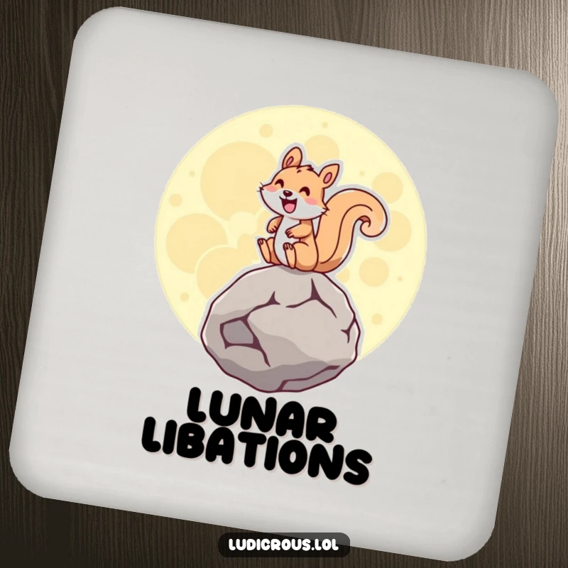 Funny squirrel gleefully riding a giant hovering moon rock with a huge grin, protecting surfaces on a durable drink coaster.