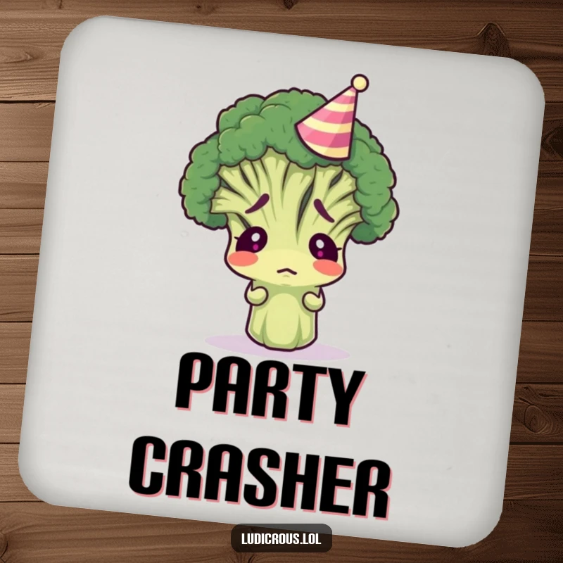 Funny broccoli floret wearing a tiny party hat, looking confused, featured on protective coasters, adding a humorous touch to any setting.