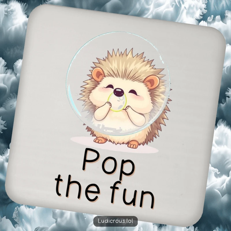 Funny hedgehog coaster featuring a fluffy creature comically trying to blow a bubble larger than its body, protecting surfaces with humor.