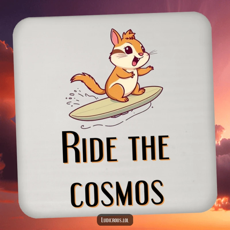 Funny drink coaster showing a chipmunk surfing a comet through space like a surfboard, a humorous addition to any tabletop.