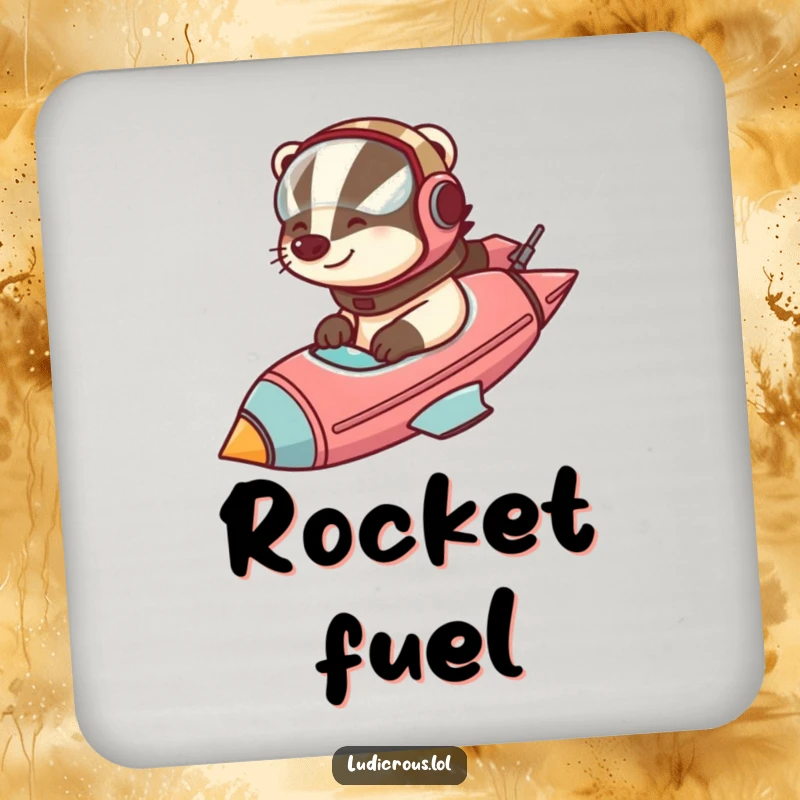 Funny badger in a helmet pilots a comically large rocketship, landing safely, on a practical and humorous drink coaster.