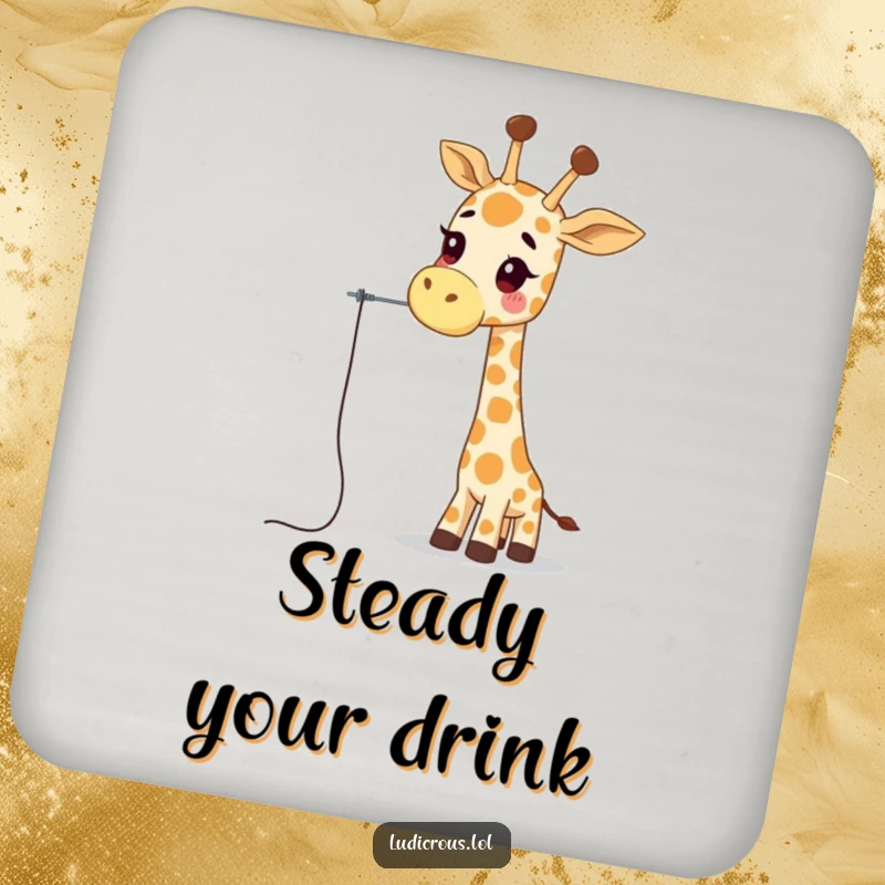 Funny giraffe coaster with a wobbly giraffe character attempting to thread a needle using its long neck, protecting surfaces with humor.