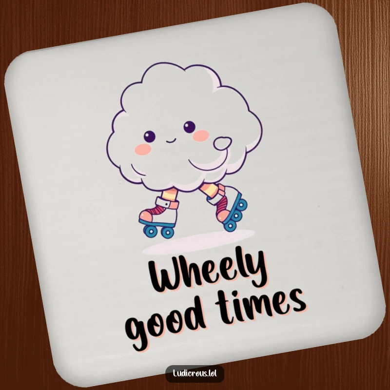 Funny cloud character on roller skates, wobbling precariously, a humorous design for drink coasters that adds charm.