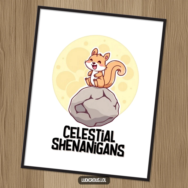 Funny squirrel gleefully riding a giant hovering moon rock with a huge grin, depicted as a vibrant and humorous poster.