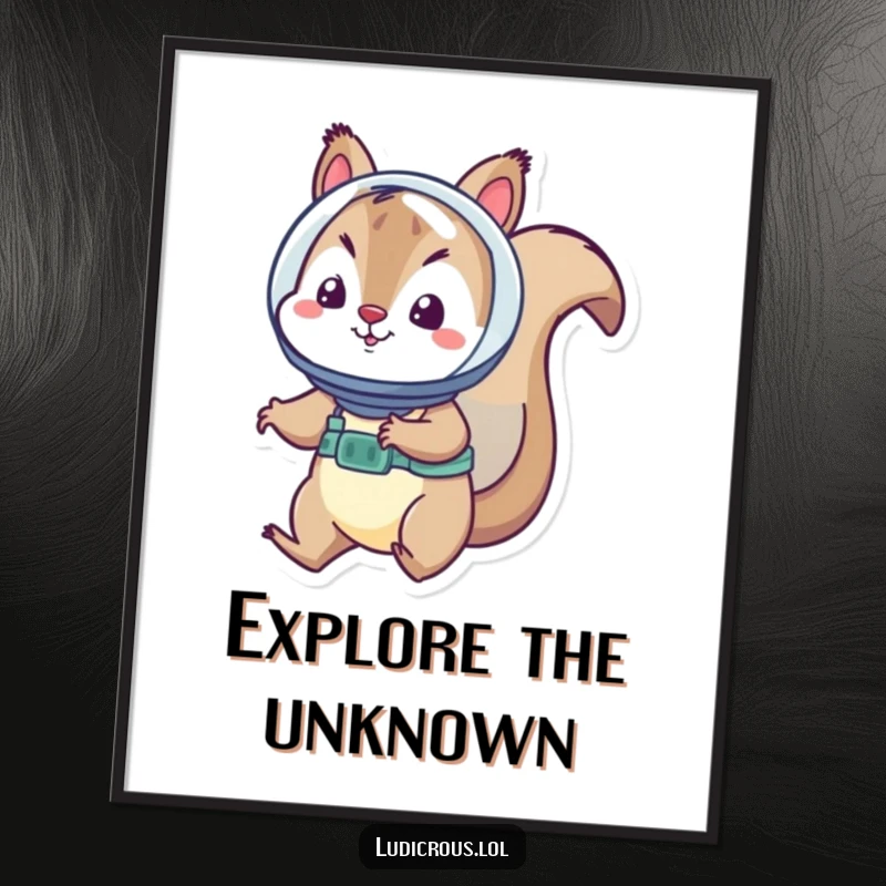 Funny squirrel astronaut poster depicts a playful squirrel in a tiny helmet, floating weightlessly in starry outer space.