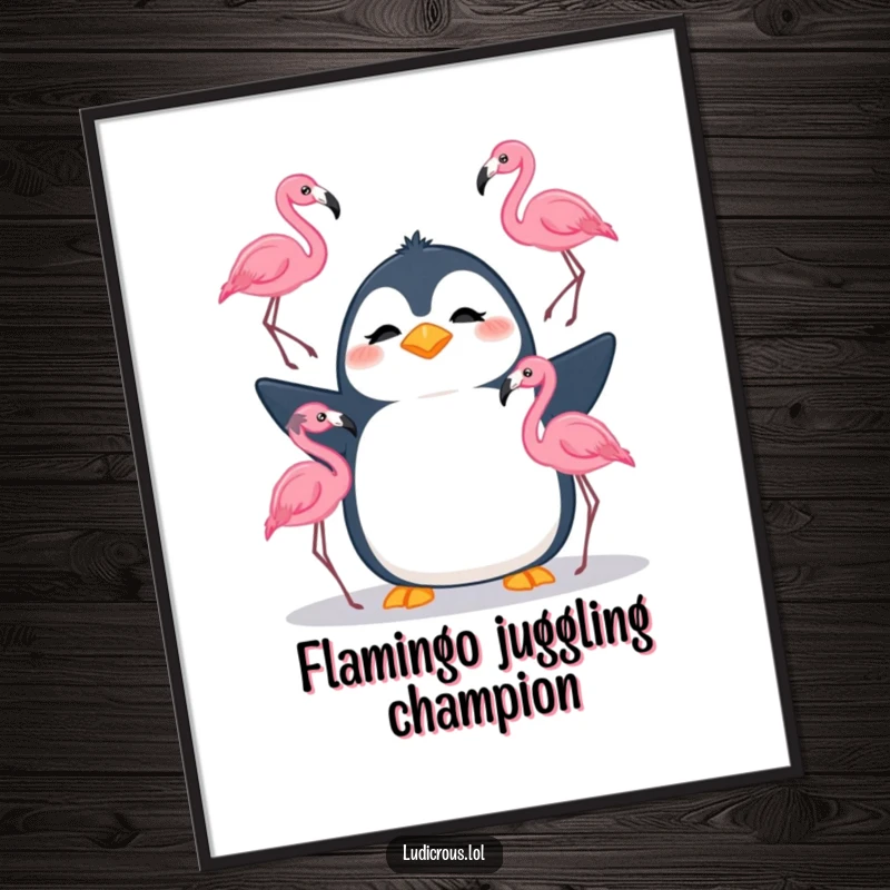 Funny poster of a silly penguin with a confused look juggling three flamingos, showcasing absurd humor and artistic silliness.
