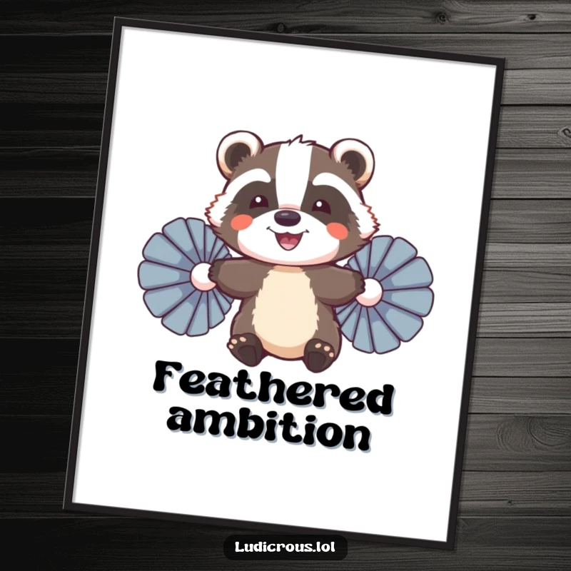 Funny Badger Poster, a smiling badger comically using giant feather fans to try flying, depicting hopeful ambition and joy.