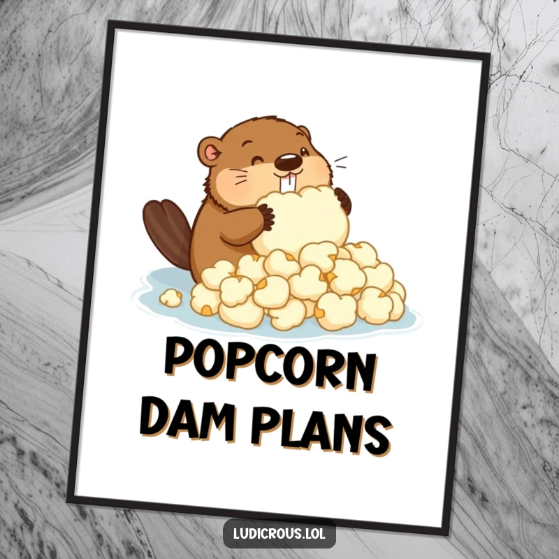 Funny poster art depicting a determined beaver attempting to build a dam using oversized popcorn kernels, showcasing humor.