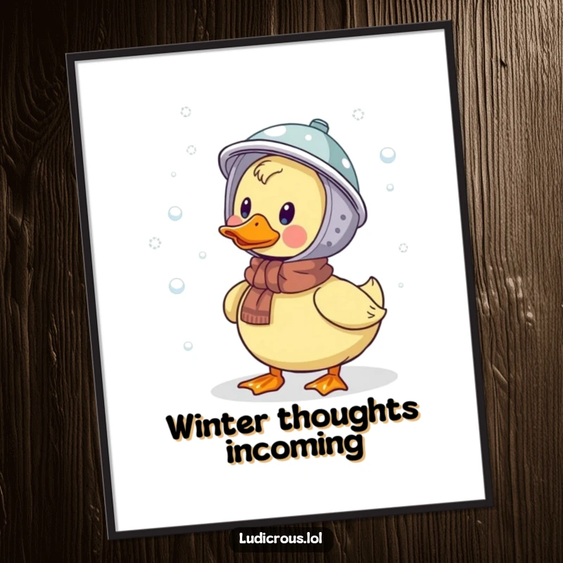 Funny poster print of a duck wearing a colander helmet, humorously trying to catch falling snowflakes, whimsical winter wall art.