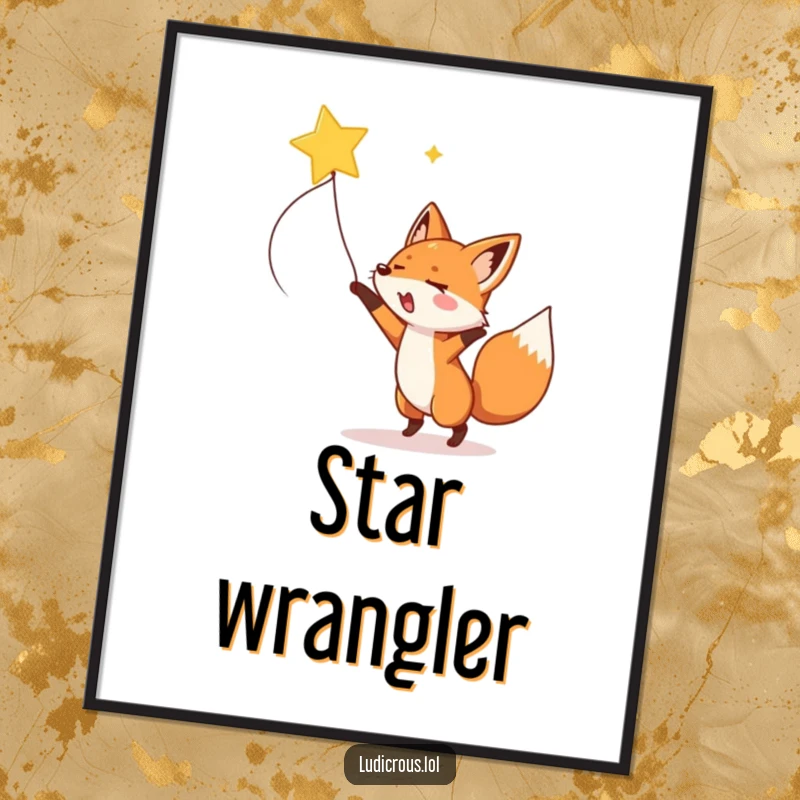 Funny fox enthusiastically lassoing a shooting star with a rope, displayed as whimsical and humorous wall art.