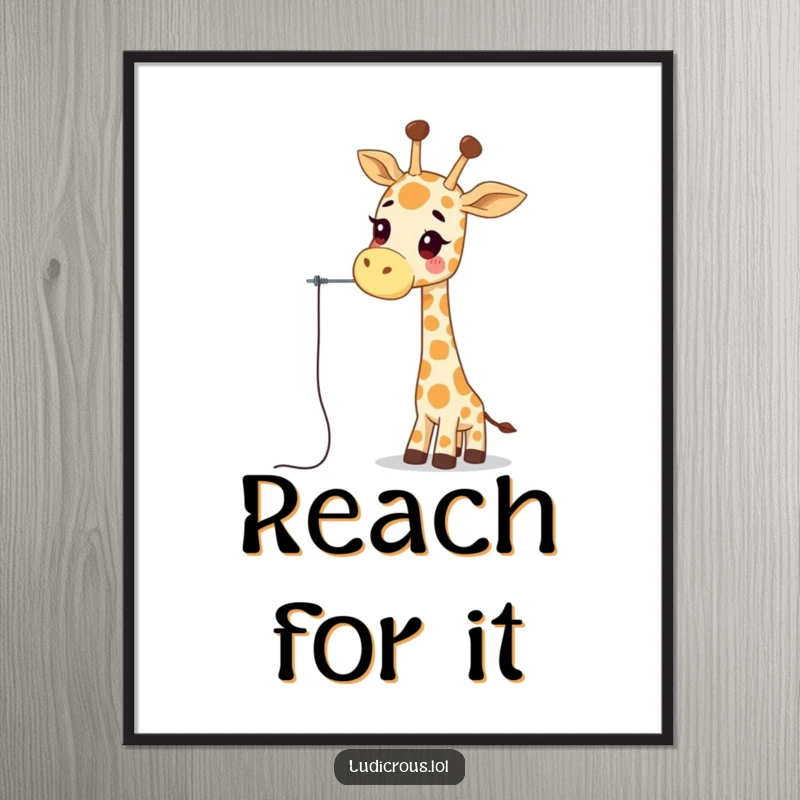 Funny giraffe poster showcasing a wobbly giraffe character attempting to thread a needle with its long neck, a piece of funny wall art.