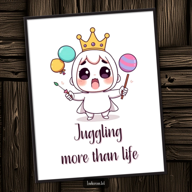 Funny poster illustrating a surprised character wearing a tiny crown, comically juggling oversized, wobbly objects, capturing a moment of delightful panic.