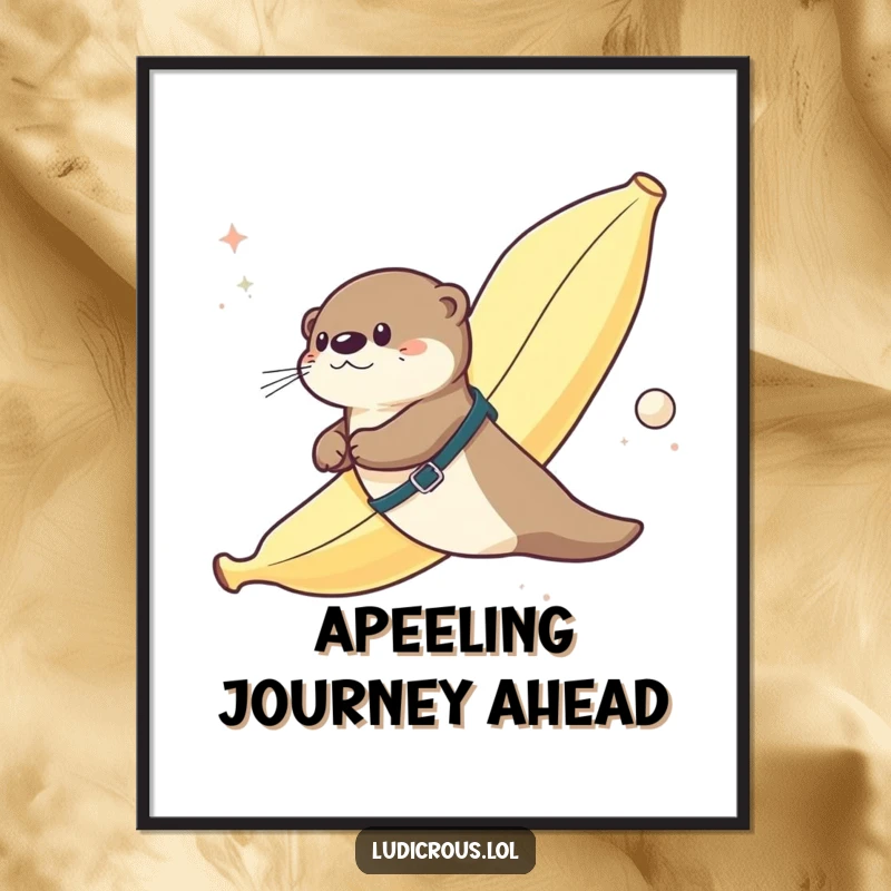 Funny poster art of an otter humorously strapped to a giant banana, appearing to fly through outer space, a bizarre and amusing scene.