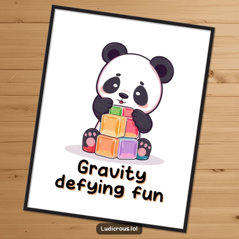 Funny playful panda attempts to build a tower out of wobbly Jell-O cubes, displayed as wall art, radiating sweet, humorous, and wobbly vibes.