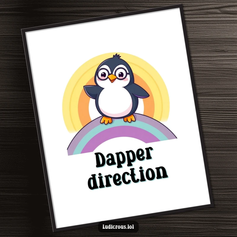 Funny Penguin Poster, a happy penguin wearing a monocle, sliding down a rainbow, adding a touch of whimsical elegance.