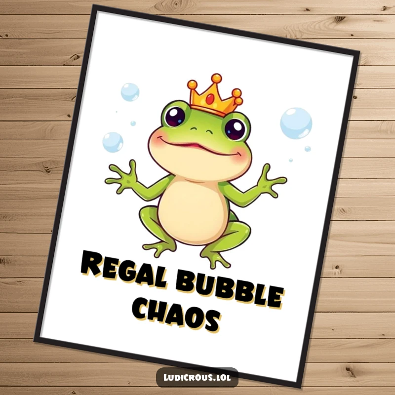Funny Poster of a silly frog character in a tiny crown, juggling slippery soap bubbles, whimsical wall art.