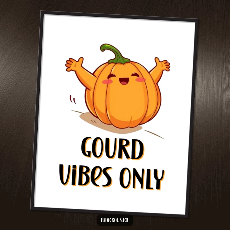 Funny plump pumpkin poster, comically rolling downhill with arms windmilling wildly, capturing the spirit of Halloween.