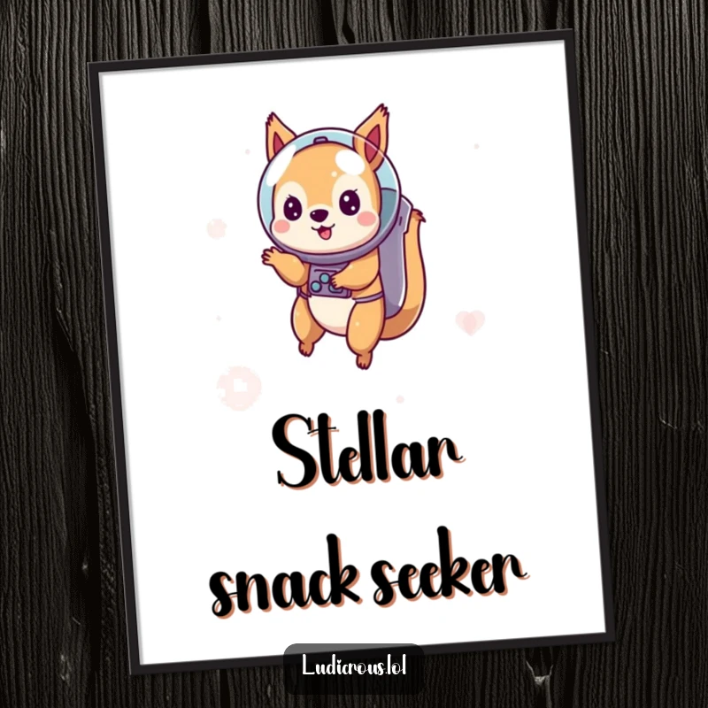 Funny poster featuring a playful squirrel in an astronaut helmet floating in space, conveying whimsical adventure and humorous cosmic exploration.