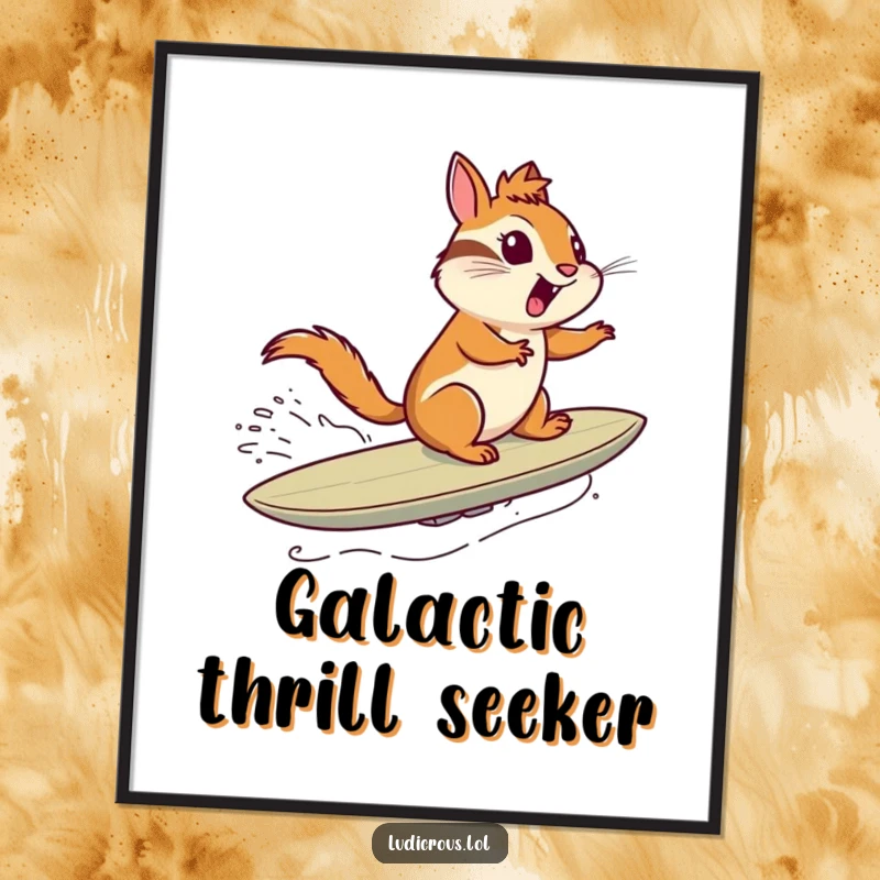 Funny poster art of a chipmunk exhilaratingly surfing a comet through space as if it were a surfboard, a vibrant cosmic scene.