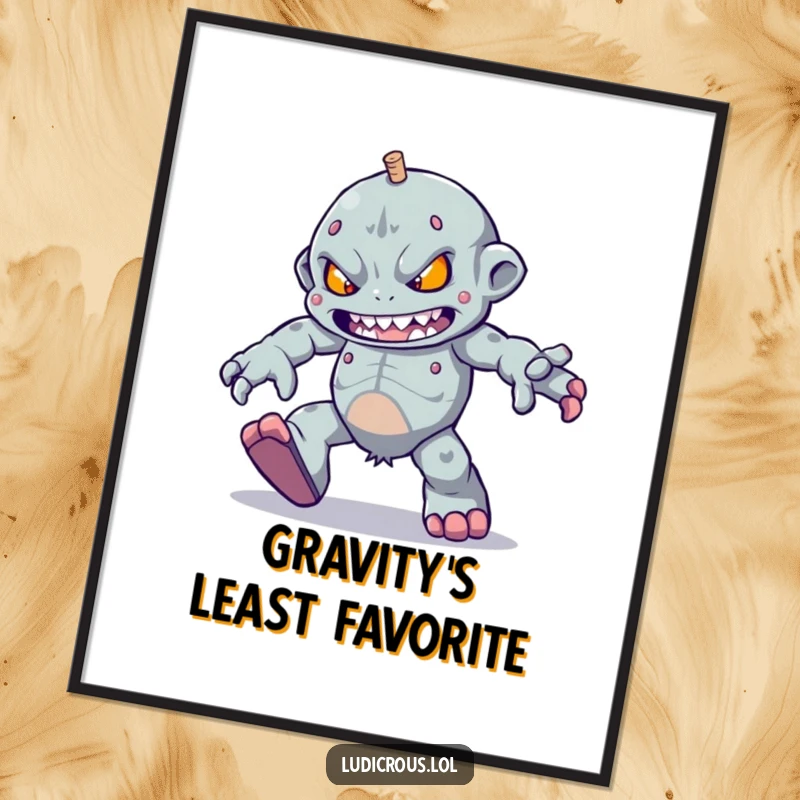 Funny determined golem character trying to skip with heavy feet, this poster is a humorous motivational gift.