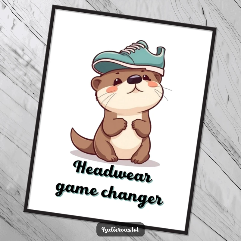 Funny Otter Poster, a curious otter humorously wearing a shoe on its head, adding a whimsical touch to any wall space.