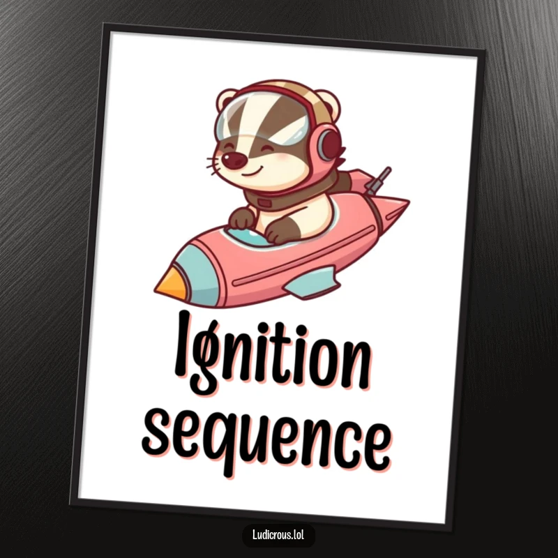 Funny badger wearing a helmet, piloting a comically large rocketship against a starry background, as a humorous poster.