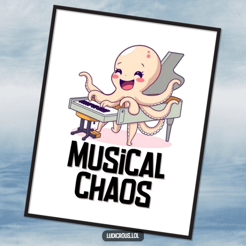 Funny poster featuring a delighted octopus playing a piano with all its arms, creating a vibrant piece of musical humor art.