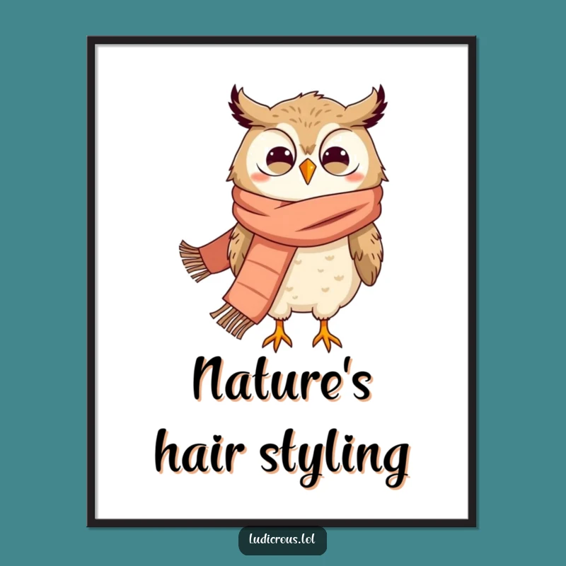 Funny Owl Poster: Grinning Owl in Scarf, Blown Away by Wind, Hilarious Wall Art Gift
