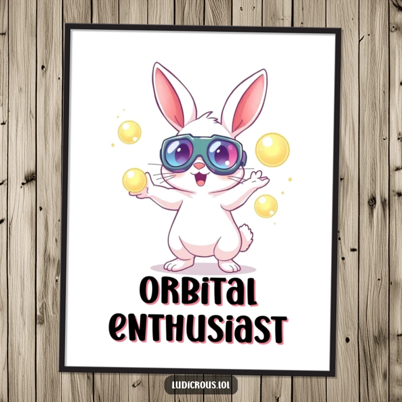 Funny rabbit in oversized goggles energetically juggles bright glowing orbs, displayed as imaginative wall art.